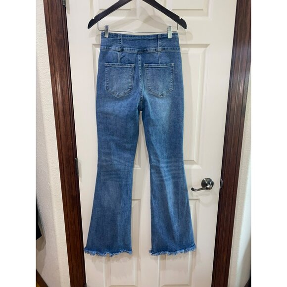 KanCan Womens Distressed Flare Durkin Jeans High Rise Raw Hem Size 7/27 BOHO - Picture 8 of 11